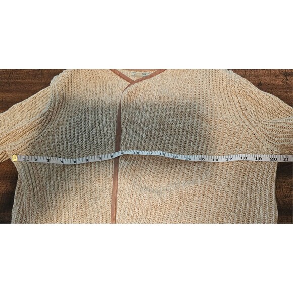 Lucky Brand Cardigan Sz L Tan Brown Chunky Knit Open Sweater Faux Leather Trim - Picture 11 of 13